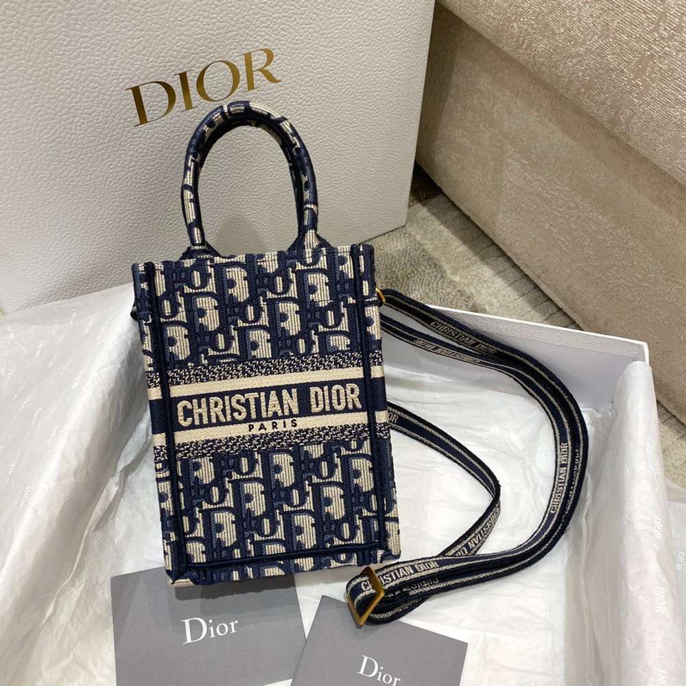 Dior Mini Book Tote Phone Bag In Blue Dior Oblique Embroidery IAMBS240693 Outlet Sales